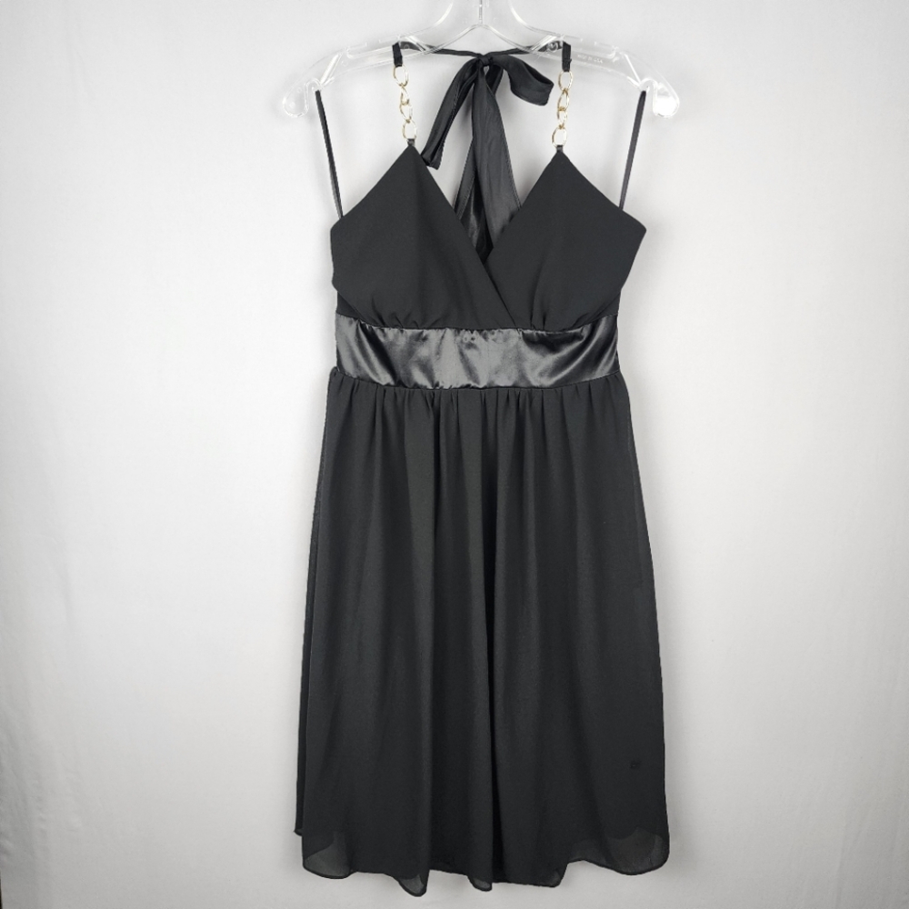Citi Clothing Black Cocktail Dress Hakter Top Chiffon Mini Gold Accent Sz 8